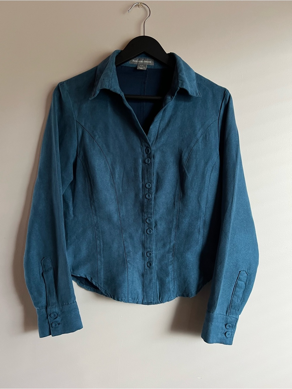 Beechers Brook Teal Faux Suede Button Front Blouse Womenโs Small Vintage Career